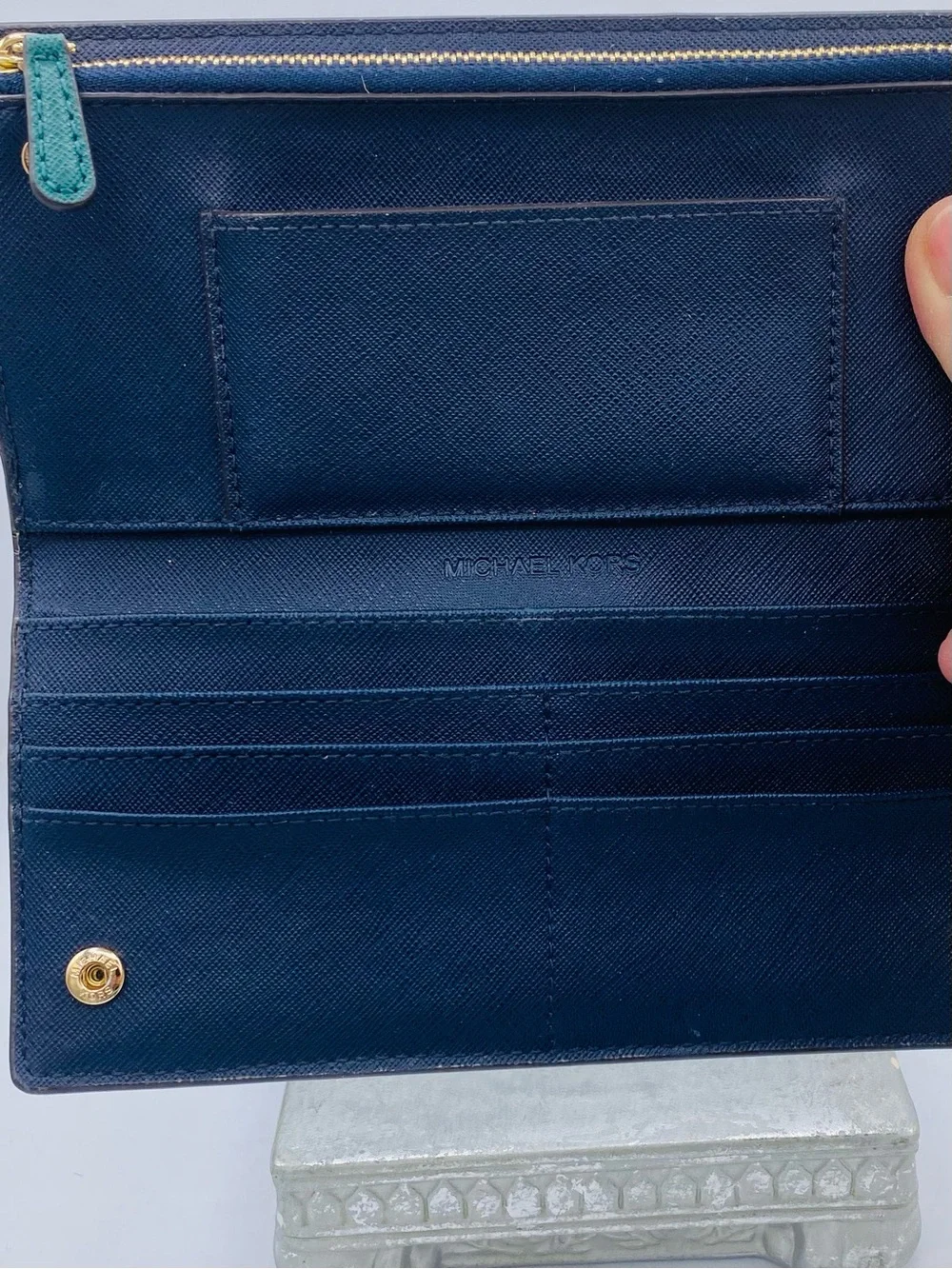 Michael Kors Teal Saffiano Leather Jet Set Travel Wallet with Gold Logo